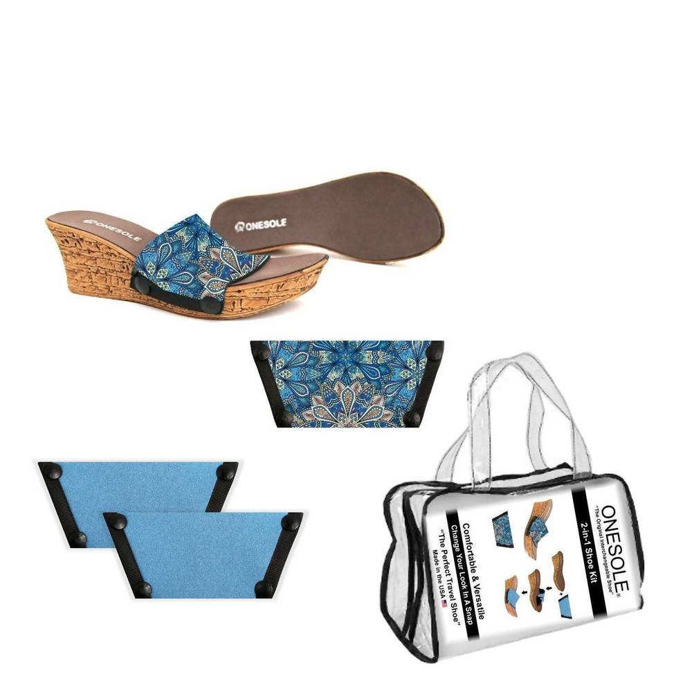 NEW ONESOLE women's casual faux cork interchangeable travel shoe and kit in blue